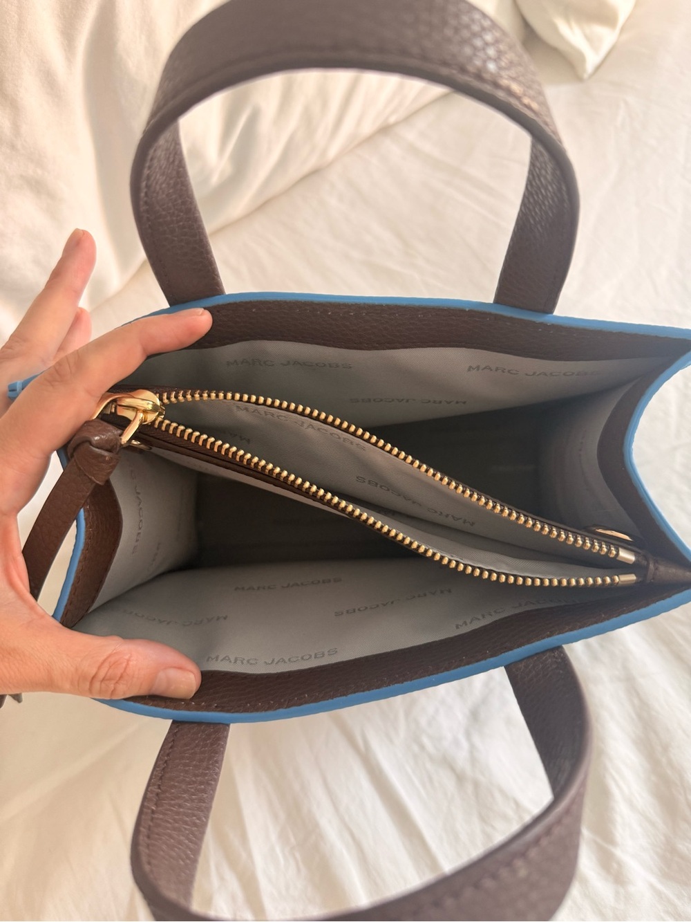 Marc Jacobs Blue and Cream Gingham Mini Tote with Brown Handles - Picture 5 of 6